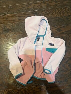 Patagonia Pink and Teal Colorblock Kids Fleece Hoodie
